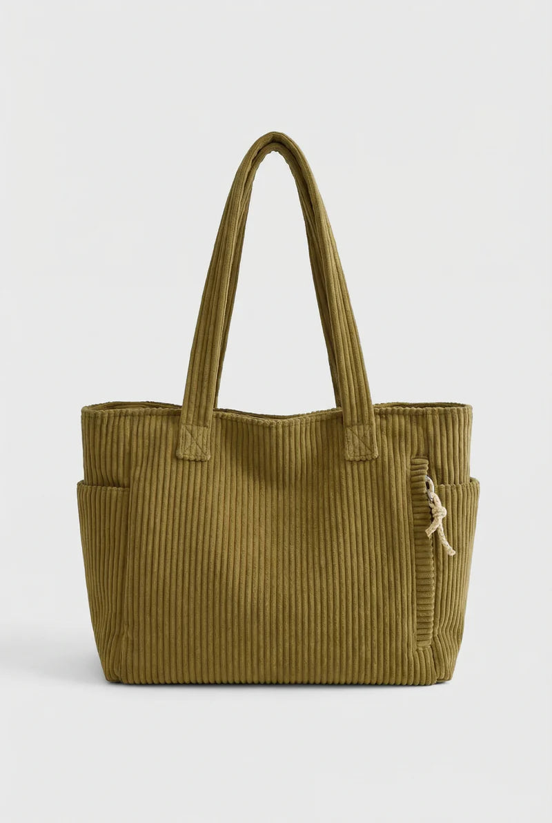 Women’s Corduroy Tote Bag Large Capacity with Exterior Pockets