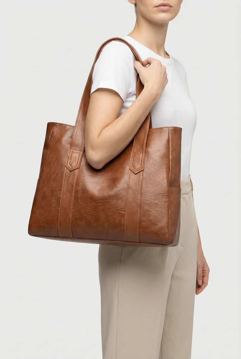Women’s Vegan Leather Tote Bag Spacious Open Top Dual Shoulder Straps