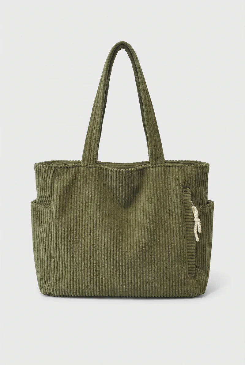 Women’s Corduroy Tote Bag Large Capacity with Exterior Pockets