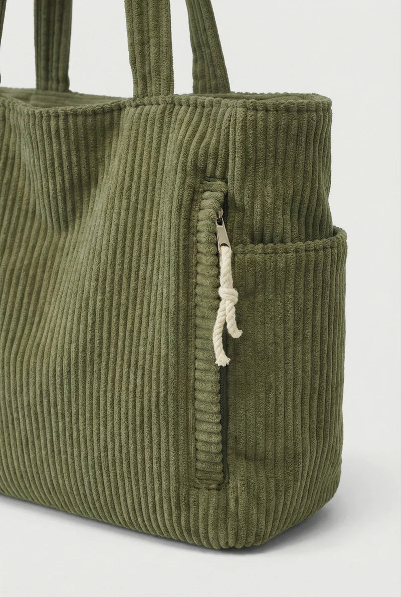 Women’s Corduroy Tote Bag Large Capacity with Exterior Pockets