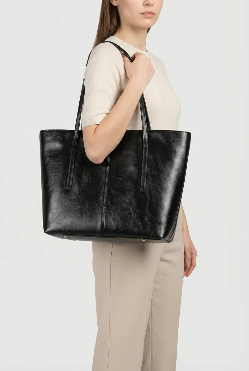Women’s Leather Tote Bag Large Structured Open Top Shoulder Straps